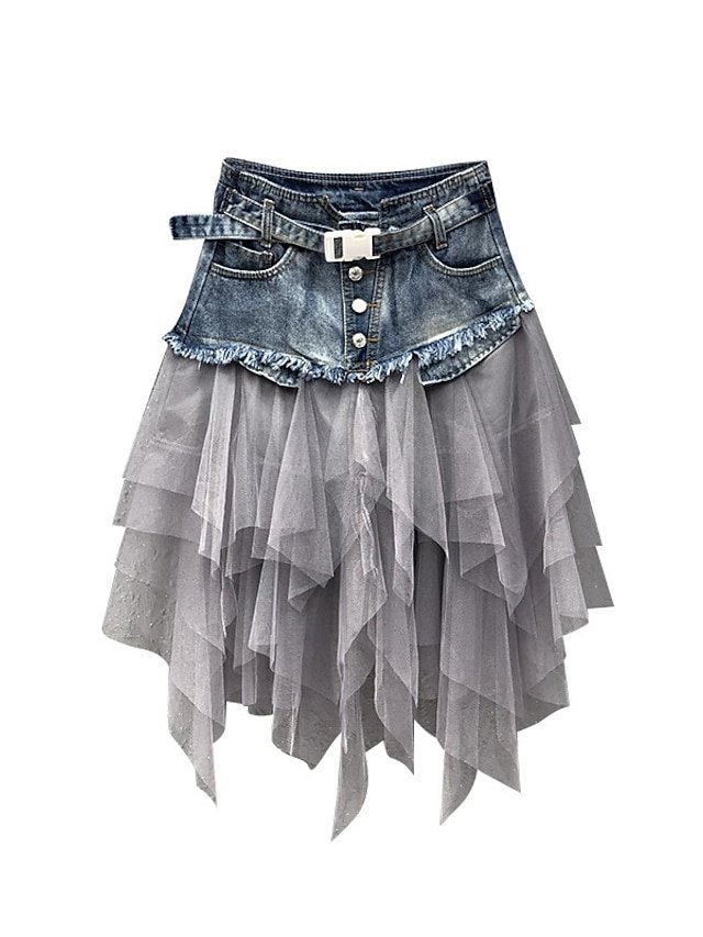 Basic A Line Asymmetrical Pleated Tulle Long Skirt - Image 1