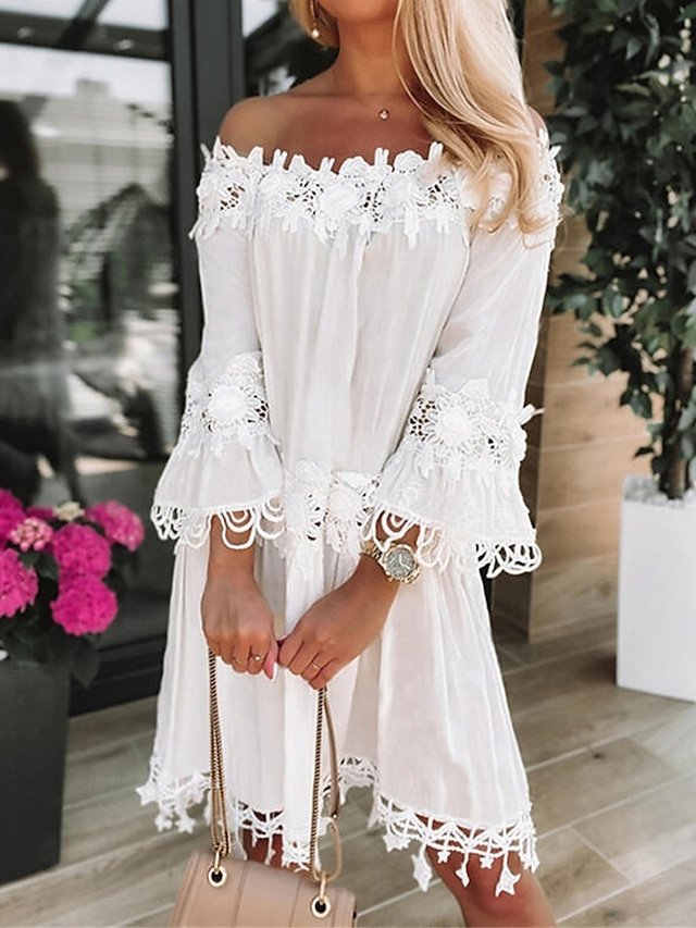 Basic Loose Fit Plain Off Shoulder 3/4 Sleeve Midi Lace Dress - Image 1