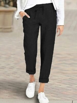 Basic Loose Solid Mid Waist Ankle-Length Capri Trousers - Image 3