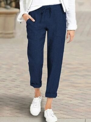 Basic Loose Solid Mid Waist Ankle-Length Capri Trousers - Image 4