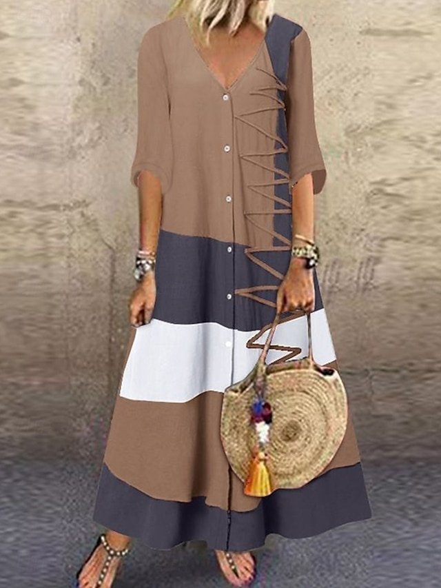 Bohemian Loose Ethnic V Neck Half Sleeve Maxi Dress - Image 1