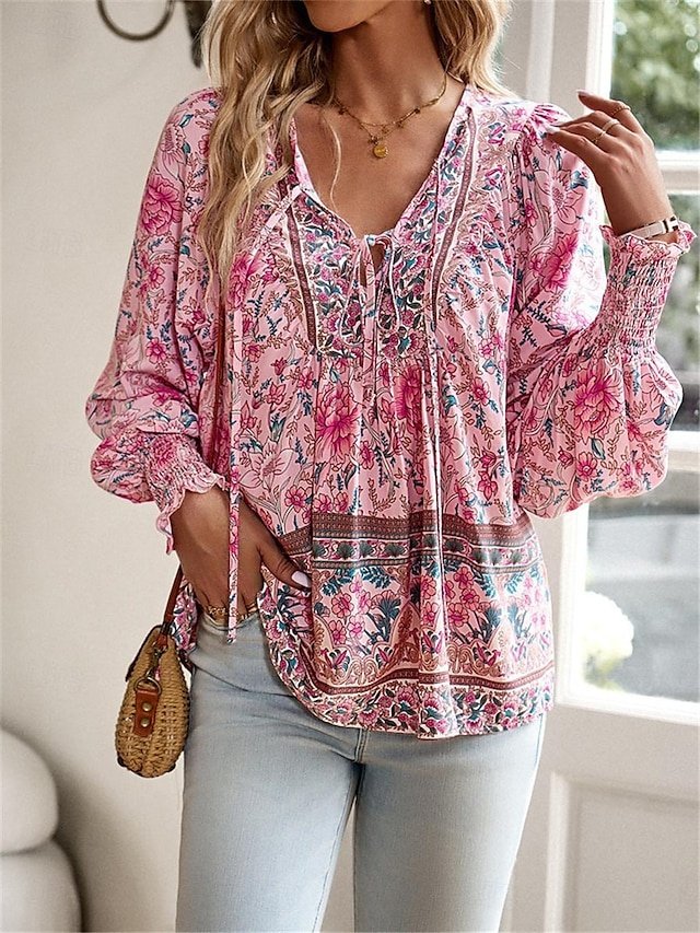Boho Casual Floral Lace Up V Neck Long Sleeve Regular Tops - Image 1
