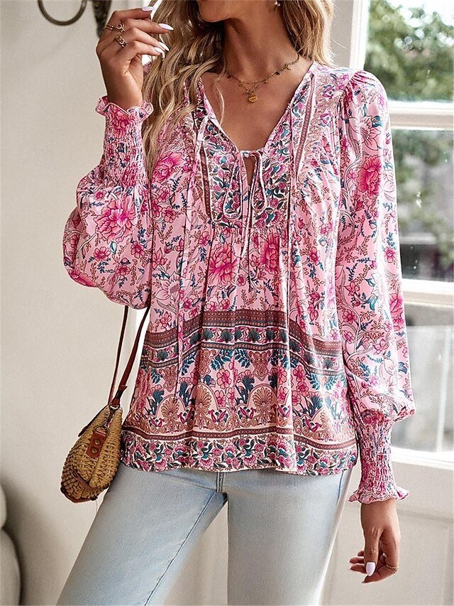 Boho Casual Floral Lace Up V Neck Long Sleeve Regular Tops - Image 2