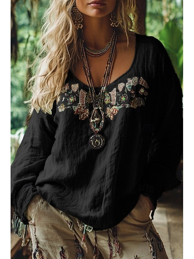 Boho Casual Print V Neck Long Sleeve Regular Blouse - Image 1
