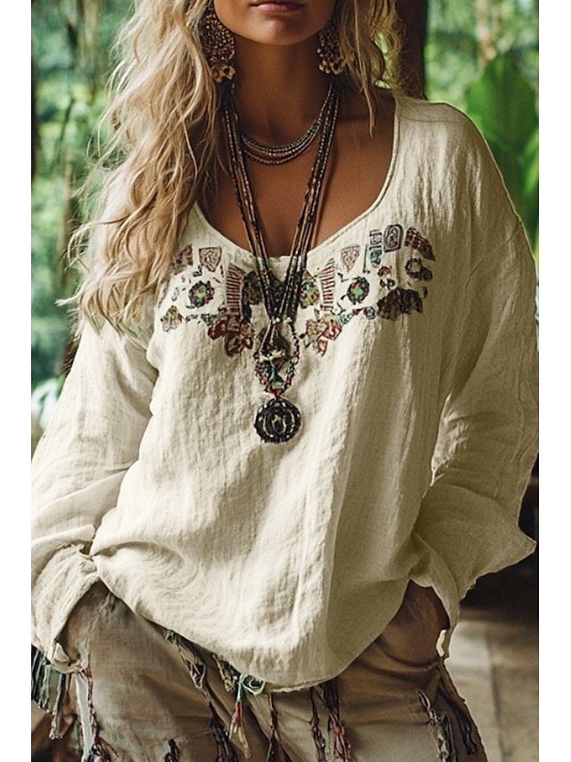 Boho Casual Print V Neck Long Sleeve Regular Blouse - Image 2