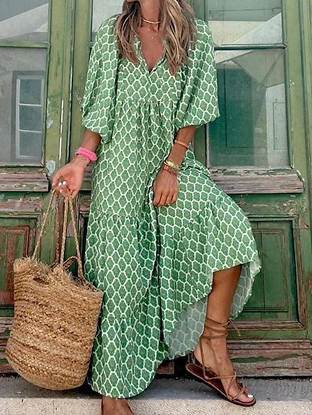 Boho Chic Loose Geometric V Neck 3/4 Sleeve Long Dress - Image 2