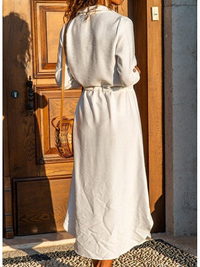 Boho Chic Regular Fit Pure White Shirt Collar Long Sleeve Maxi Dress - Image 2