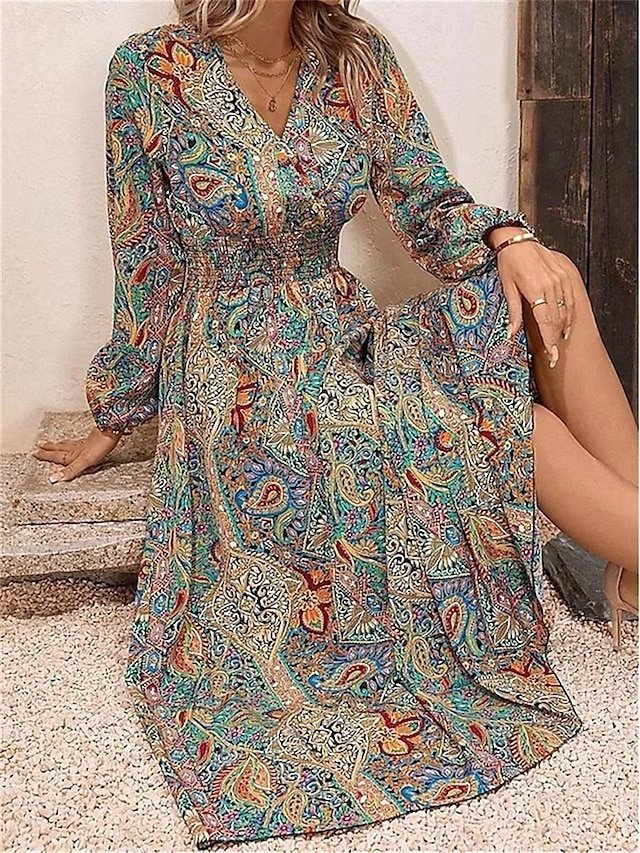 Boho Loose Fit Floral V Neck Long Sleeve Maxi Dress - Image 1