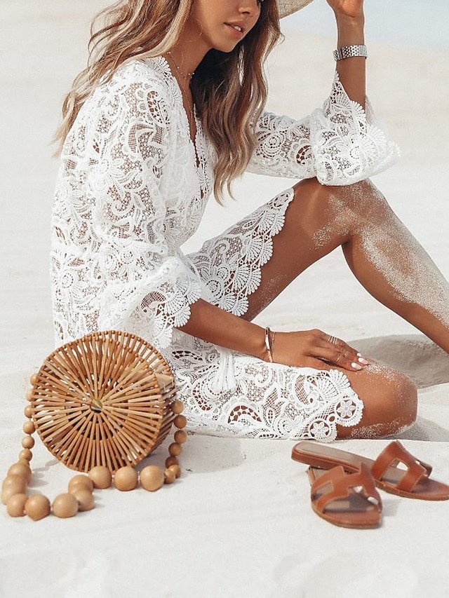 Boho Loose Fit Plain V Neck Long Sleeve Mini Dress - Image 1