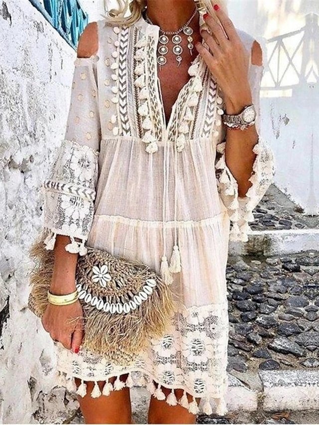 Boho Loose Fit Pure Colour V Neck 3/4 Sleeve Mini Dress - Image 1
