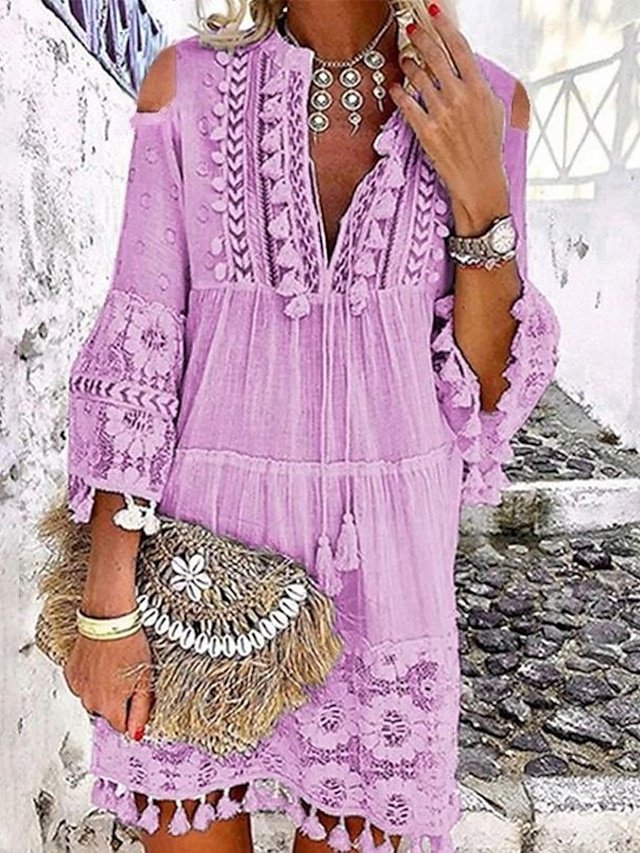 Boho Loose Fit Pure Colour V Neck 3/4 Sleeve Mini Dress - Image 2