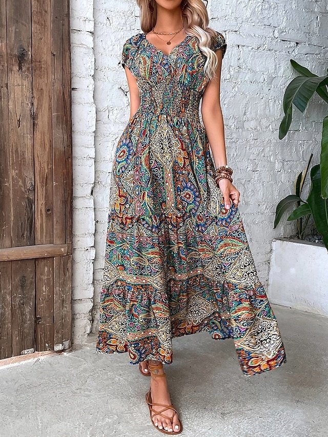 Boho Loose Floral Paisley V Neck Short Sleeve Maxi Dress - Image 1