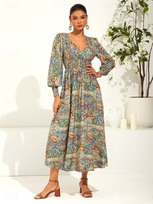 Boho Loose Floral Paisley V Neck Short Sleeve Maxi Dress - Image 17