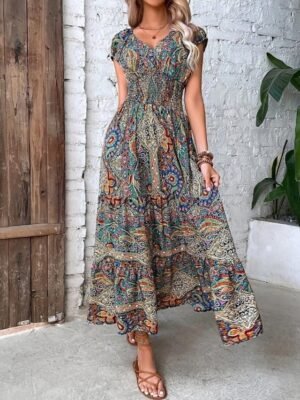 Boho Loose Floral Paisley V Neck Short Sleeve Maxi Dress - Image 9