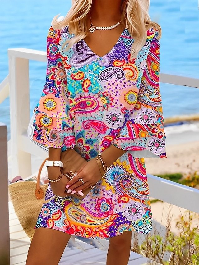 Boho Regular Fit Floral Paisley V Neck Ruffle Sleeve Mini Dress - Image 1