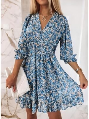 Boho Regular Fit Floral V Neck Half Sleeve Mini Dress - Image 3