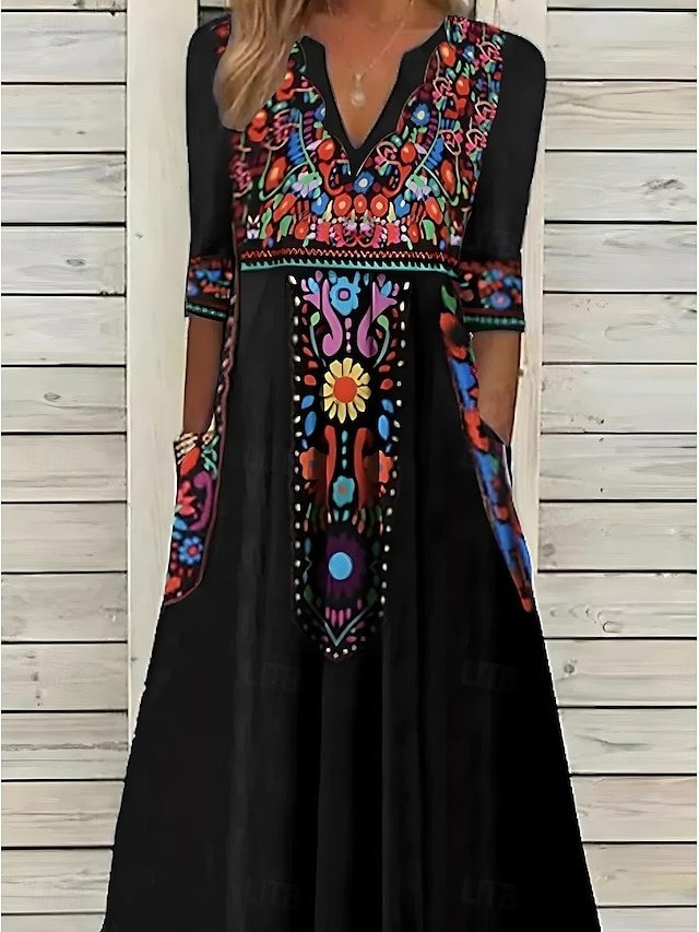 Boho Regular Fit Graphic V Neck Long Sleeve Midi Dress - Image 1