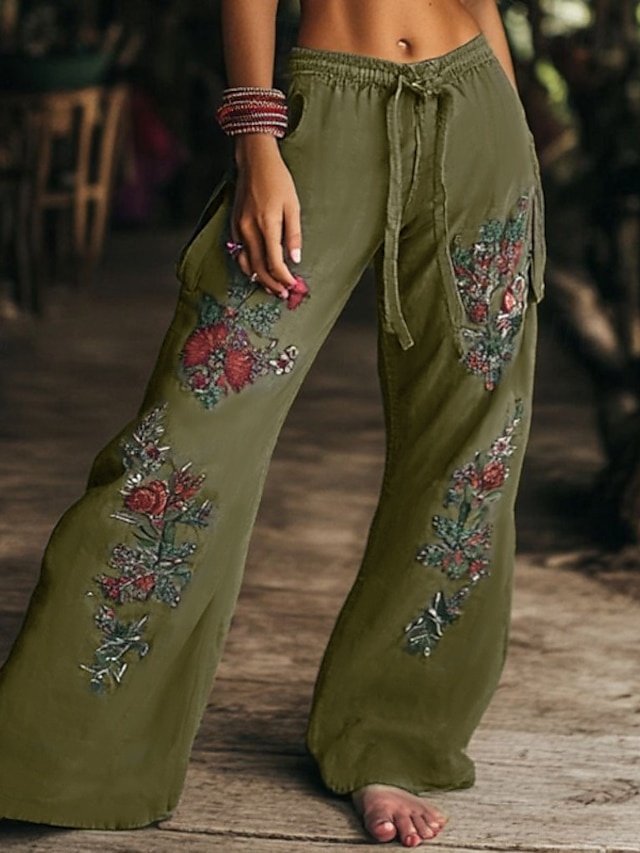 Boho Regular Fit Natural Flower Full Length Wide Leg Slacks - Image 1