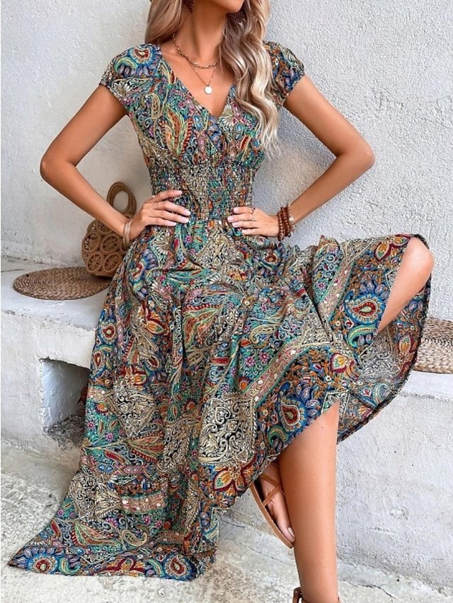 Boho Regular Fit Paisley V Neck Short Sleeve Maxi Dress - Image 1