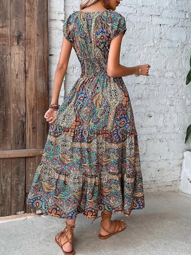 Boho Regular Fit Paisley V Neck Short Sleeve Maxi Dress - Image 2