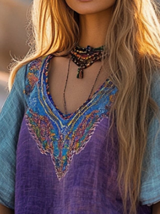Boho Regular Floral V Neck Short Sleeve Blouse - Image 2