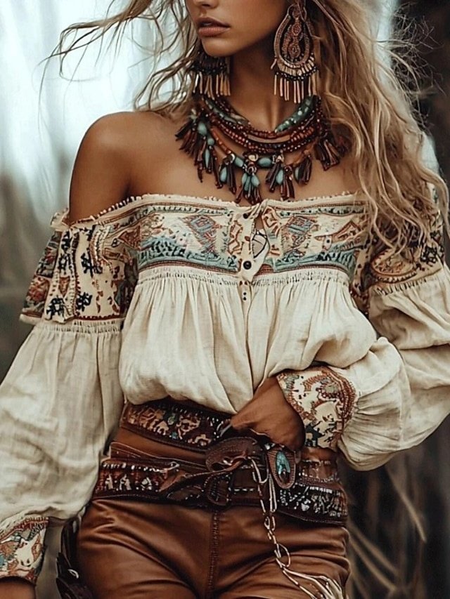 Boho Regular Print Off Shoulder Long Sleeve Blouse - Image 1