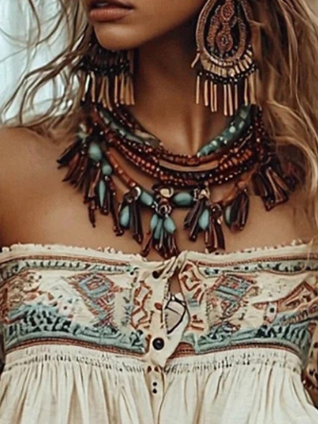 Boho Regular Print Off Shoulder Long Sleeve Blouse - Image 2