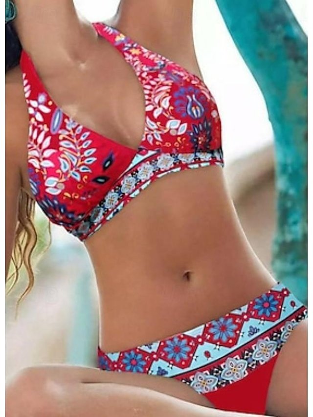 Boho Sexy Floral Halter V Wire Padded Bikini Set - Image 1