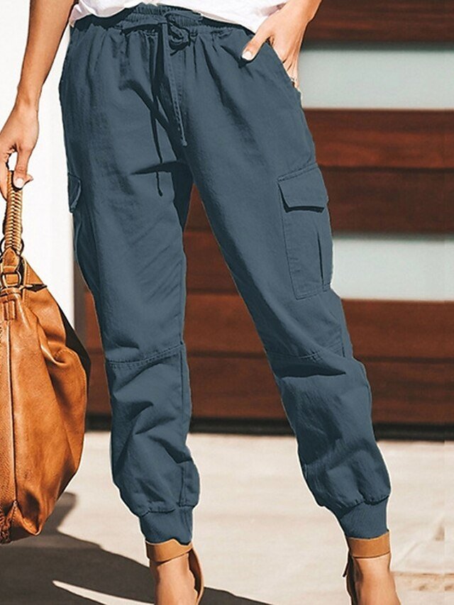 Casual Baggy Plain Mid Waist Cuffed Cargo Full Length Trousers - Image 1