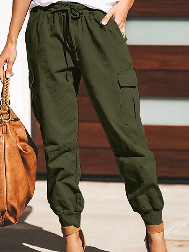 Casual Baggy Plain Mid Waist Cuffed Cargo Full Length Trousers - Image 2