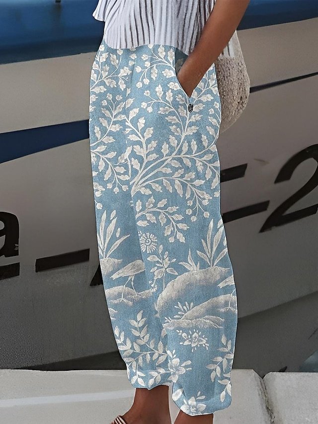 Casual Baggy Plant Print Mid Waist Full Length Pants - Image 1