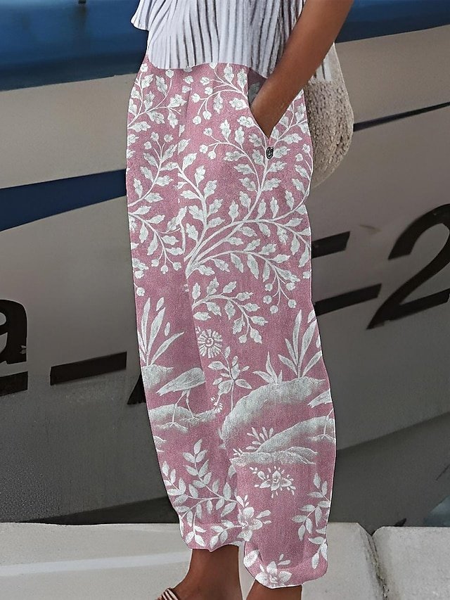 Casual Baggy Plant Print Mid Waist Full Length Pants - Image 2