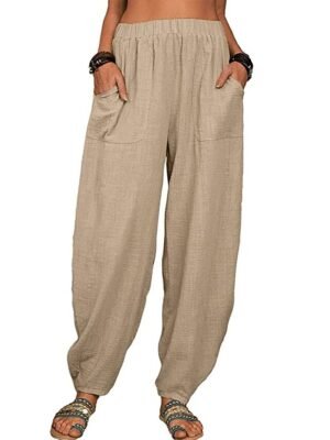 Casual Baggy Solid Elastic Waist Pocket Full Length Trousers - Image 12