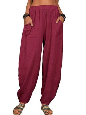 Casual Baggy Solid Elastic Waist Pocket Full Length Trousers - Image 13