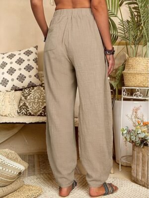 Casual Baggy Solid Elastic Waist Pocket Full Length Trousers - Image 5