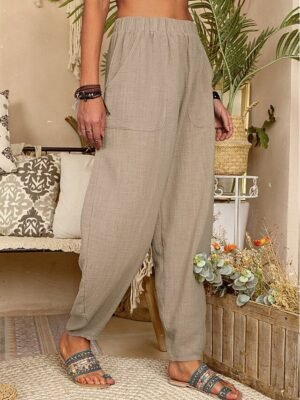 Casual Baggy Solid Elastic Waist Pocket Full Length Trousers - Image 6