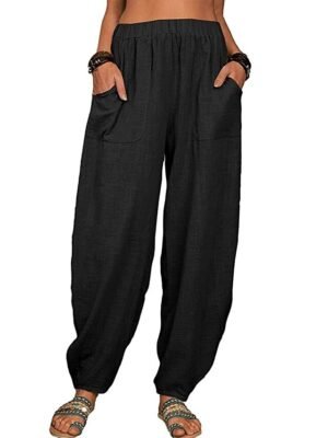 Casual Baggy Solid Elastic Waist Pocket Full Length Trousers - Image 9