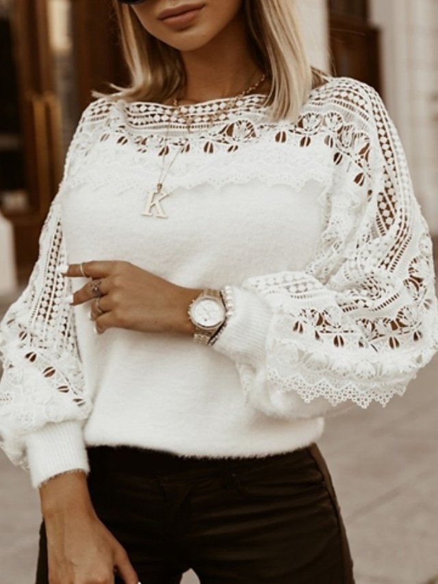 Casual Cropped Solid Crochet Crew Neck Long Sleeve Pullover - Image 1