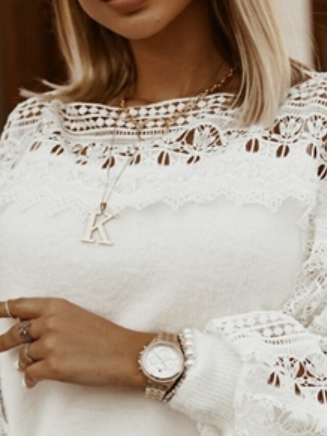 Casual Cropped Solid Crochet Crew Neck Long Sleeve Pullover - Image 2