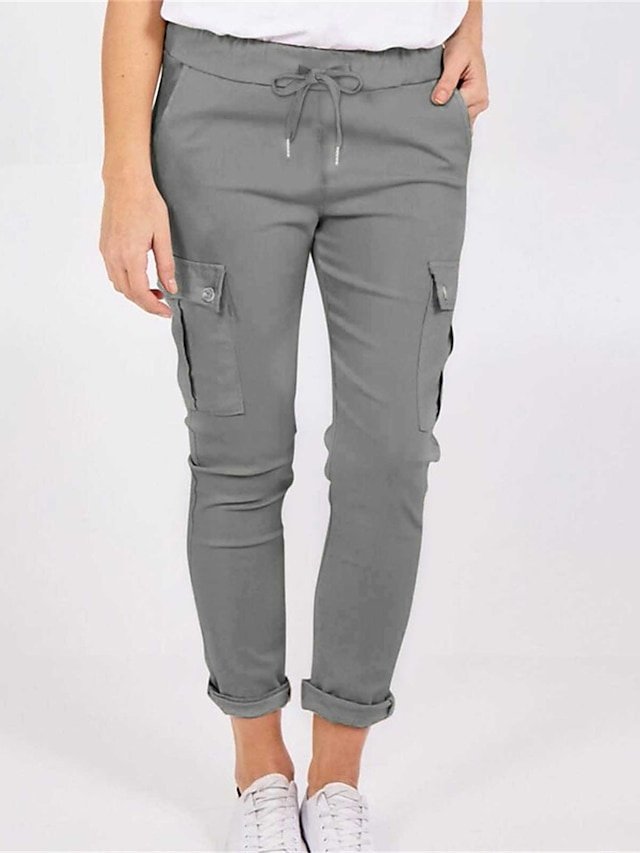 Casual Full Length Plain Mid Waist Cargo Trousers - Image 1