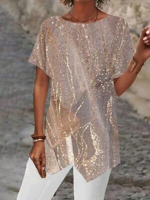 Casual Long Abstract Print Round Neck Short Sleeve Asymmetrical Hem Top - Image 4