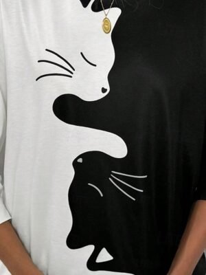 Casual Loose Cat Print Crew Neck Long Sleeve Sweatshirt - Image 3