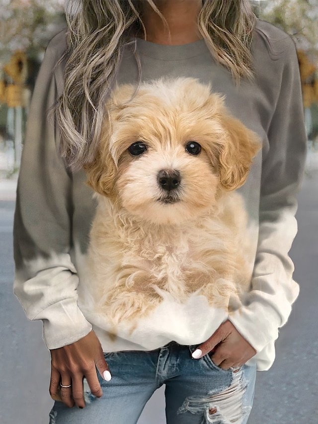 Casual Loose Dog Print Round Neck Long Sleeve Sweatshirt - Image 1