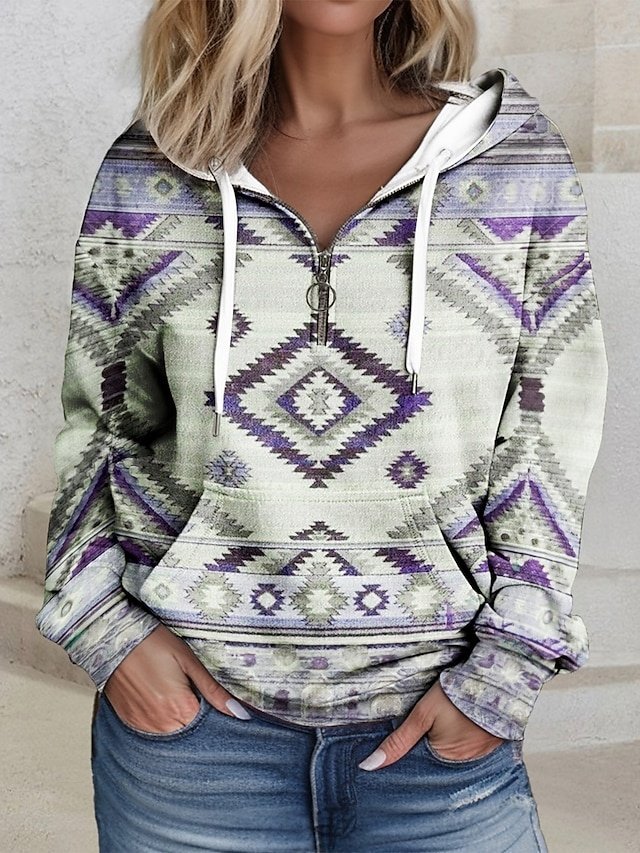 Casual Loose Ethnic Quarter Zip Long Sleeve Hoodie - Image 2