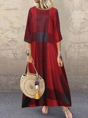 Casual Loose Fit Plaid Crew Neck Boat Neck Maxi Dress - Image 1