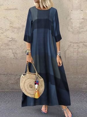 Casual Loose Fit Plaid Crew Neck Boat Neck Maxi Dress - Image 5