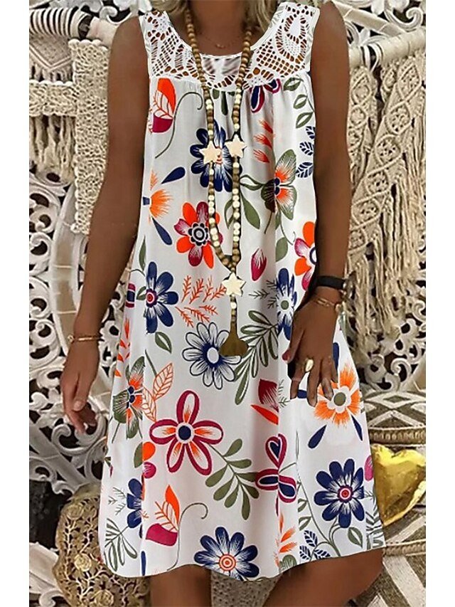 Casual Loose Floral Round Neck Sleeveless Knee Length Shift Dress - Image 1