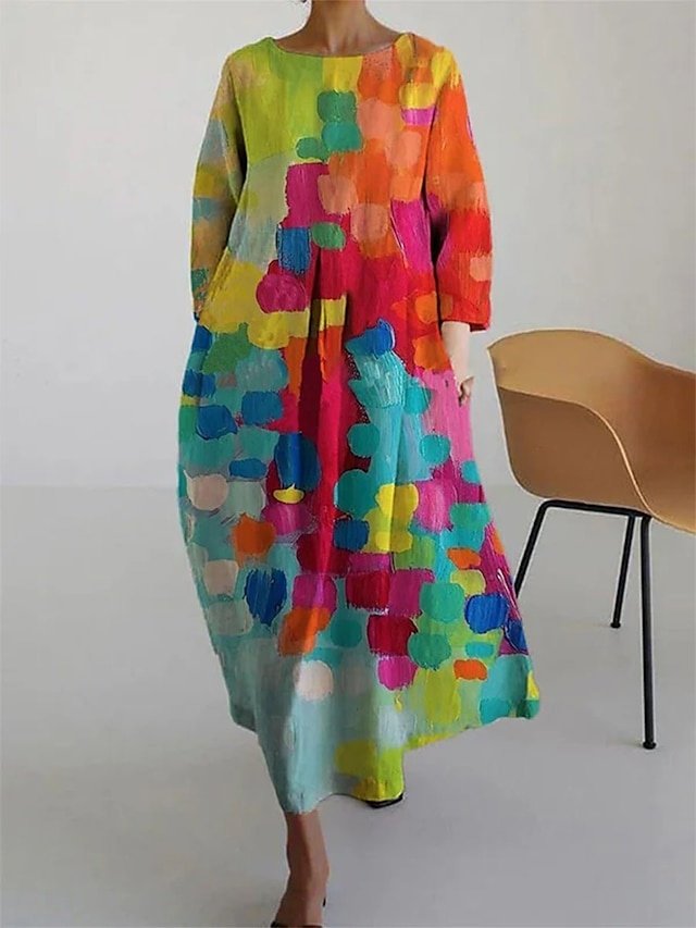 Casual Loose Flower Crew Neck Long Sleeve Maxi Dress - Image 1