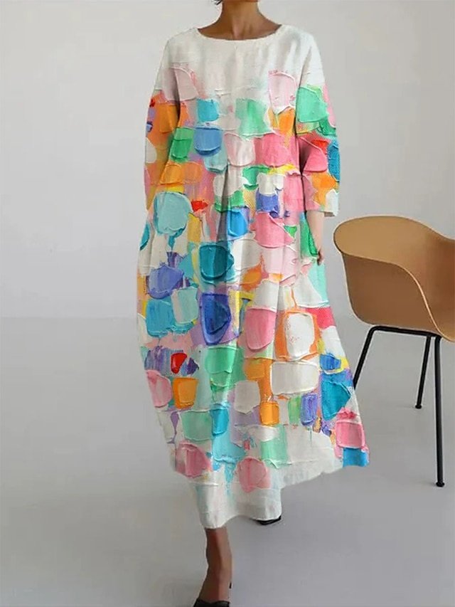 Casual Loose Flower Crew Neck Long Sleeve Maxi Dress - Image 2