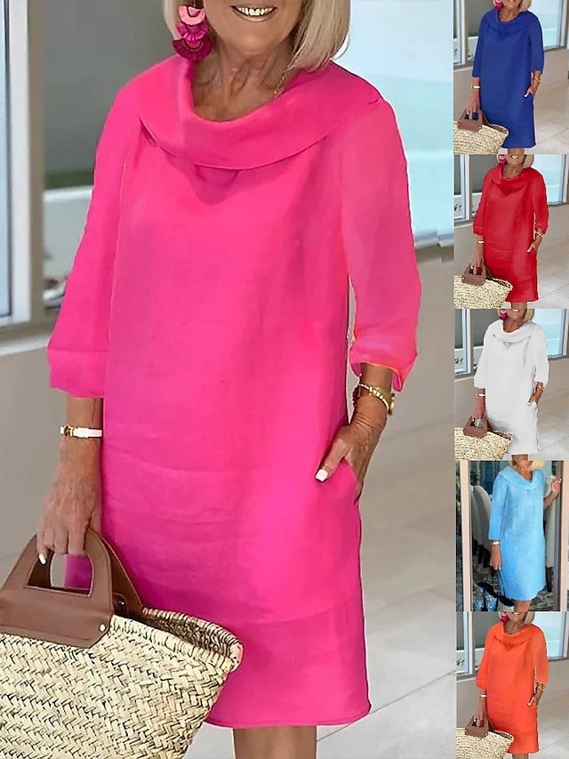 Casual Loose Plain Cowl Neck Short Sleeve Midi Dress - Image 1